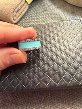 Pandora Turquoise Blue Enamel Band Ring with Crystal Trim size 5
